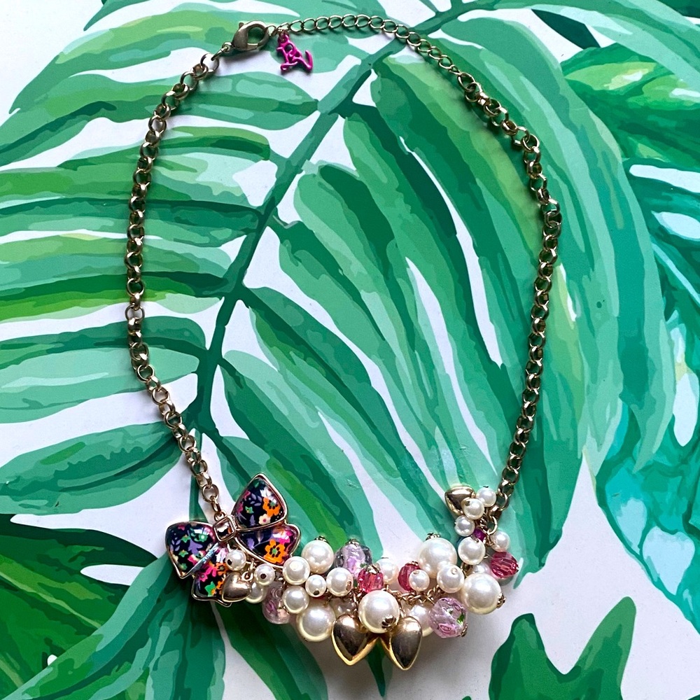 Betsey Johnson Floral Bow Pearl Cluster Necklace